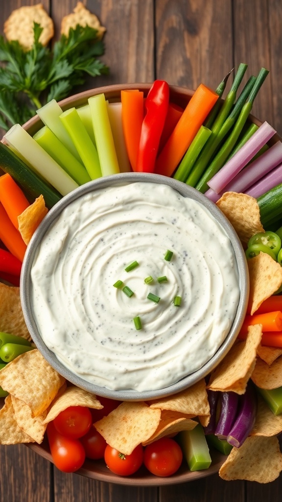 Creamy three onion dip in a bowl with vegetables and chips on a rustic table.